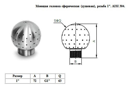 Моющая головка сферическая (душевая), резьба 1* AISI 304. width=